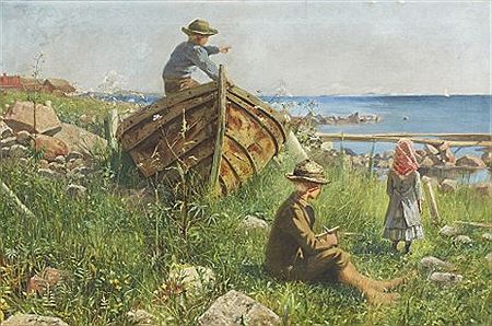 Skärgårdslandskap med barn vid eka