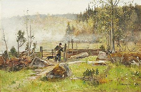 Jägare med hundar i landskap.