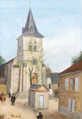 L'église de Perpezac-le- Noir en Corrèze, 1924 (au premier plan Denise portant Camille (femme et fille du peintre)