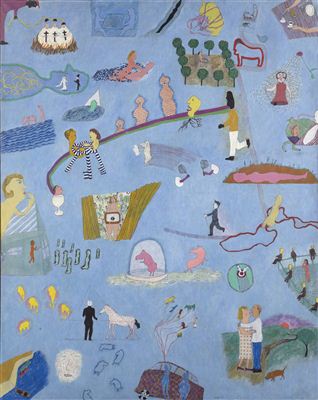 Sample artwork by Jan Voss (Born 1936), known for abstract painting, pottery, linear cartoon images, mixed-media, collage on canvas - View similar artists and auction records