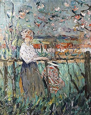JEUNE FILLE EN BORD DE RIVIÈRE SOUS LES POMMIERS EN FLEURS
