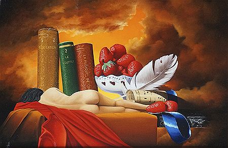 NU ALLONGÉ AUX LIVRES ET À LA COUPE DE FRAISES