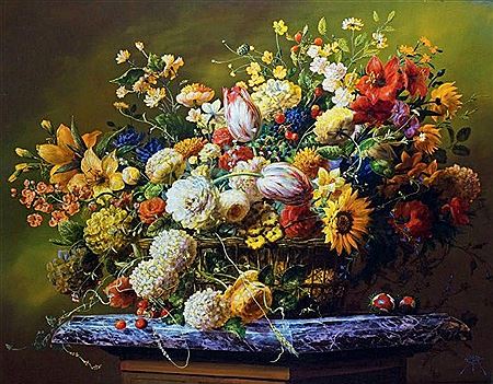 CORBEILLE DE FLEURS SUR UN ENTABLEMENT