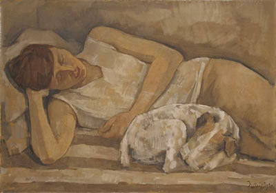 LIEGENDE RENÉE SINTENIS MIT IHREM HUND OSCAR