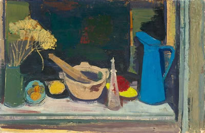 STILLEBEN MIT BLAUER KANNE UND PROVENCALISCHEM MORSER