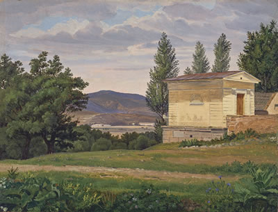 BLICK IN LANDSCHAFT MIT KLEINEM GEBÄUDE RECHTS