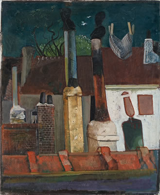 NÄCHTLICHER AUSBLICK AUS DEM ATELIER MIT GESCHIRRTUCH (ÜBER DEN DÄCHERN)