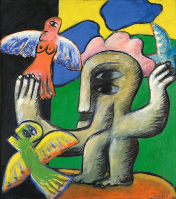 FIGUR MIT VÖGELN by Horst Antes - Auction record, sale price, and art valuation. Compare with similar artists and explore comparable artworks.