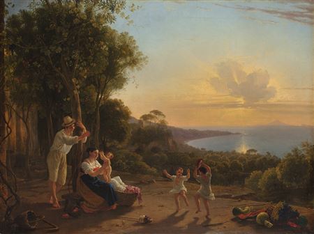 „Familienszene mit tanzenden Kindern bei Sonnenuntergang am Golf von Neapel mit Blick auf die Insel Capri" by Franz Ludwig Catel - Auction record, sale price, and art valuation. Compare with similar artists and explore comparable artworks.