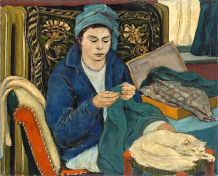 „Mädchen mit Turban, nähend"