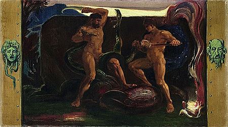 Herakles und Iolalos im Kampf mit der Hydra