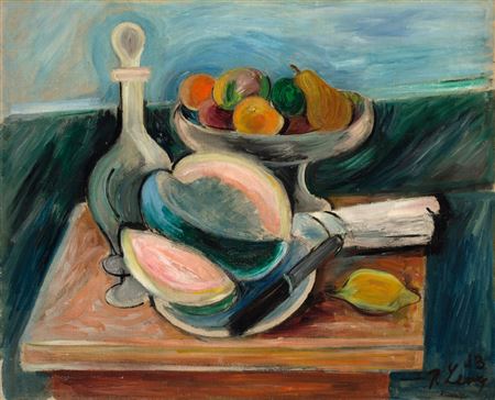"Stilleben mit Fruchtschale, Melone und Karaffe"