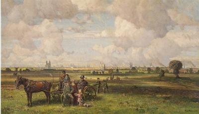 Sample artwork by Paul Riess (1857 - 1933), known for paintings of farm landscapes and nocturnal scenes with atmospheic lighting - View similar artists and auction records