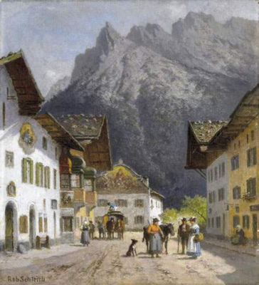 Arrival of the post coach in the valley