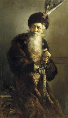 Portrait of a russian prince with feathers in his fur-hat and richly decorated sword