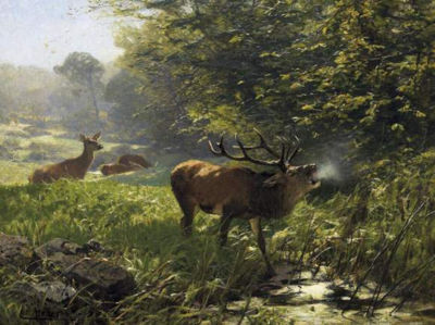 Forest in the summer with red deer by Christian Johann Kroner - Auction record, sale price, and art valuation. Compare with similar artists and explore comparable artworks.