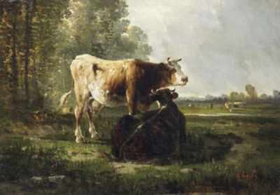 Grazing cows by the forest