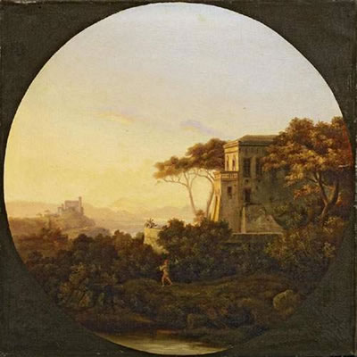 Italian landscape. a) View from a hill on the riverdale at sunset. b) View on a Castell above the riverdale at sunset. (pair)