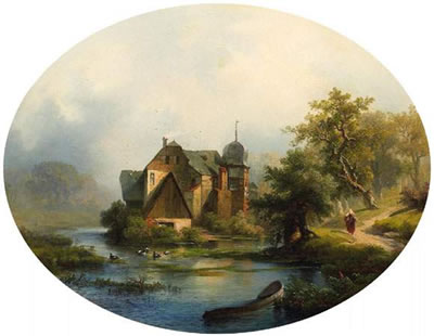 View on an tiny old castle on a lake (Quedlinhof bei Düsseldorf?).