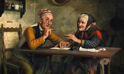 Correspondence Old farmer couple in the parlour composing a letter