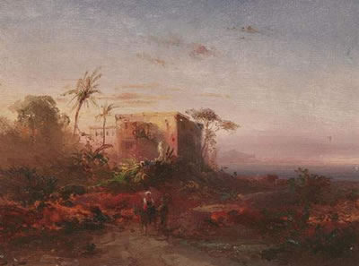 Two Paintings. Southern Landscapes. a) On the libanese coast. b) Travellers on their hinnies by the bay in front of Salerno(?) (pair)