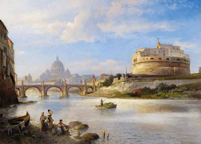 Rome Laundresses by the banks of the Tiber beneath the Castel Sant'Angelo. In the background a view over the Castel Sant'Angelo on the St. Peter's Basilica