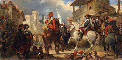 Two paintings: "La chevauchée d'Austrasie" of Heinrich II on the 10th of April 1552; The citizens of Metz yield (2)