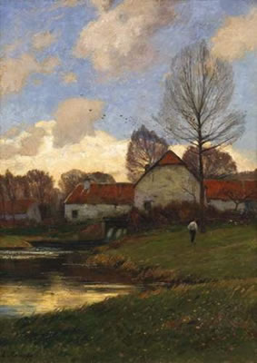 Fall landscape with farmstead by Eugen Kampf - Auction record, sale price, and art valuation. Compare with similar artists and explore comparable artworks.