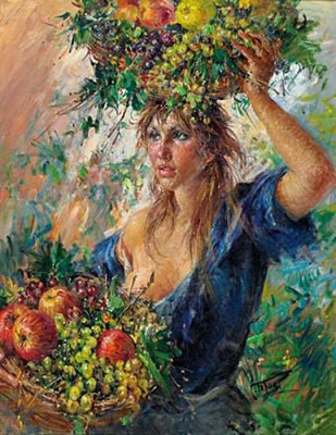Young market lady with fruit basket