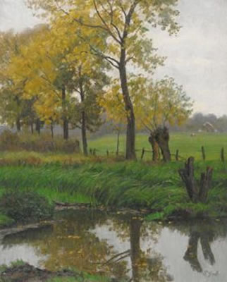 Fall landscape. View on the fall coloured trees near a pond by Peter Greeff - Auction record, sale price, and art valuation. Compare with similar artists and explore comparable artworks.
