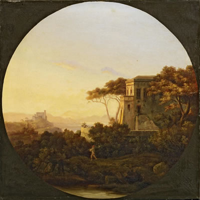 Italian landscapes. a) View from a hill on the riverdale at sunset; View on a castell above the riverdale at sunset