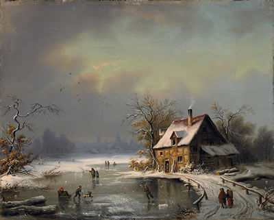 Winter evening. People on the ice by the town