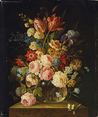 Copious still life with flowers in glass vase
