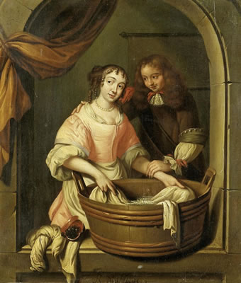 A couple and a washing trough in a window niche
