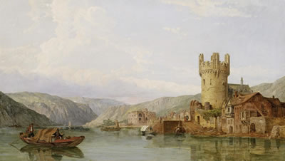 View of Rhine from the Rüdesheimer Altstadt with the Adlerturm.