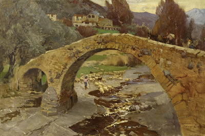 Shepherds near an old bridge in the Ligurian Alps. by Manuel Wielandt - Auction record, sale price, and art valuation. Compare with similar artists and explore comparable artworks.