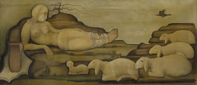 Reclining young woman with sheep.