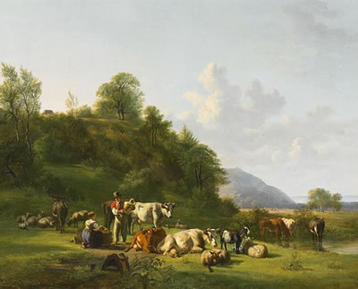 Wide Valley Landscape with Resting Cattle.
