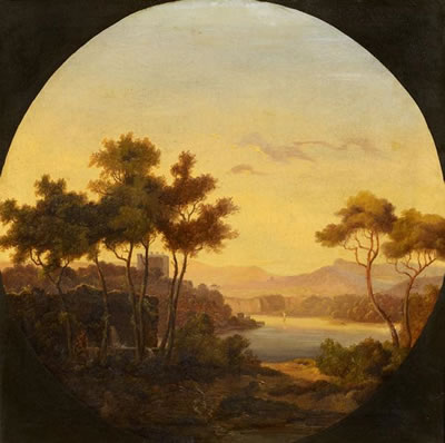 Italian Landscapes a) View from a Hill onto a Riverscape at Sunset AND b) View onto a Castell above a Riverscape at Sunset