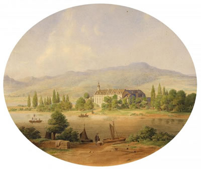 Two watercolours.Abbey Nonnenwerth by the Rhine