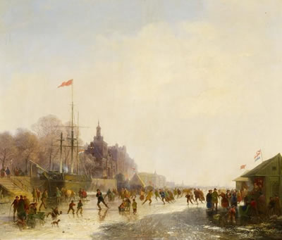 Ice Skaters on a Frozen River, most likely near Rotterdam.