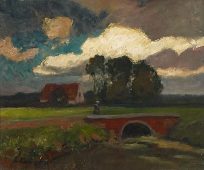 Rural Homestead with a Woman on a Bridge.