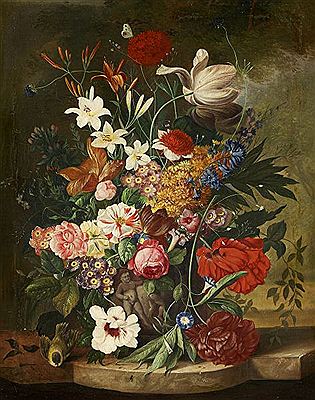 Large Floral Still Life with Insects and a Chickadee. by Franz Xaver Pieler - Auction record, sale price, and art valuation. Compare with similar artists and explore comparable artworks.
