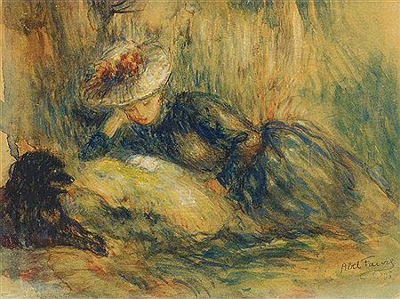 Young Woman Reading with a Dog.