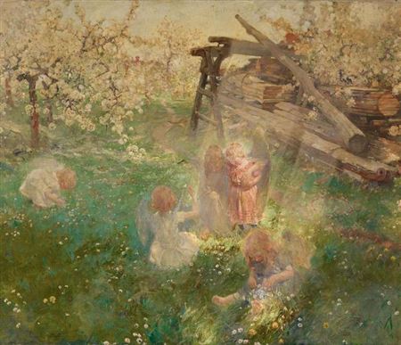 Children playing Angels on a Spring Meadow.