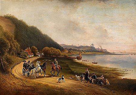 Portrait of the Stettin Manufacturing Family Johannes von Quistorp at the Stettin Lagoon. In the Background the Family's Cement Works.