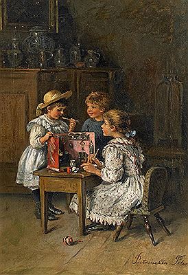 Three Children in Their Play Kitchen by Pietronella Peters - Auction record, sale price, and art valuation. Compare with similar artists and explore comparable artworks.