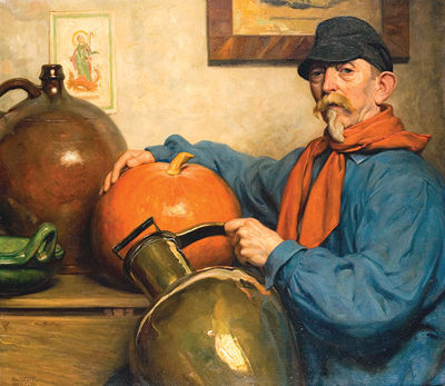Homme à la courge et à la cruche en cuivre