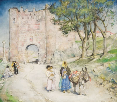 Figure davant une porte dans un paysage espagnol