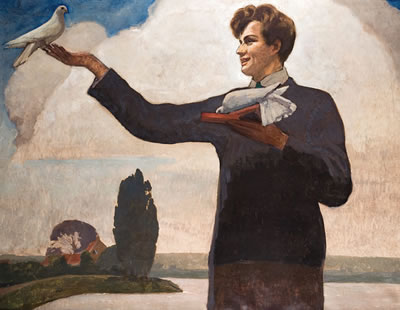 De zoon van de kunstenaar met sierduiven